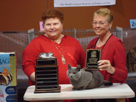 Diana Rothermel presenting Chartreux and owner, Mary Ann Sweeters, Craig Roghermel highest scoring cat in Championship trophy